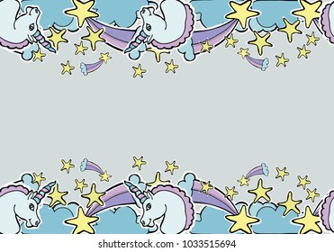 Hand Drawn Vector Unicorns, comets, stars, clouds. Magic creature.  Seamless border. For textile, wallpaper, covers, surface, print, gift wrap, scrapbooking, decoupage.
