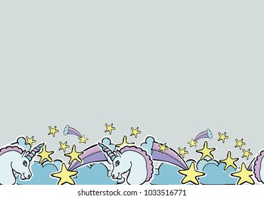 Hand Drawn Vector Unicorns, comets, stars, clouds. Magic creature.  Seamless border. For textile, wallpaper, covers, surface, print, gift wrap, scrapbooking, decoupage.