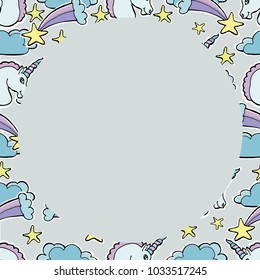 Hand Drawn Vector Unicorns, comets, stars, clouds. Magic creature.  Seamless border. For textile, wallpaper, covers, surface, print, gift wrap, scrapbooking, decoupage.