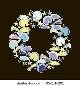 Hand Drawn Vector Unicorns, comets, stars, clouds. Magic creature.  Wreath.For textile, wallpaper, covers, surface, print, gift wrap, scrapbooking, decoupage.