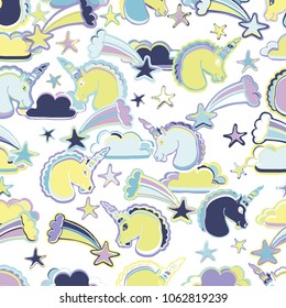 Hand Drawn Vector Unicorns, comets, stars, clouds. Magic creature.  Seamless pattern. For textile, wallpaper, covers, surface, print, gift wrap, scrapbooking, decoupage.