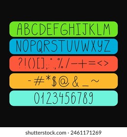 Hand drawn vector uppercase letters with numbers and punctuation marks Latin alphabet Modern font English letters Abc