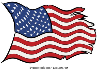 Hand drawn vector of USA flag waving torn and broken by the wind.