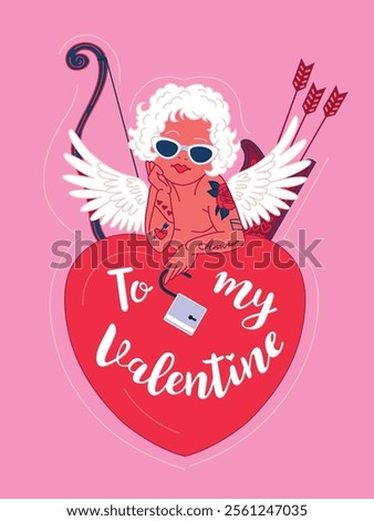 Hand drawn vector Valentine card with a cute cupid wearing glasses with tattoos and a lock, bow and arrows behind his back, supporting a heart with text. Cute character for a romantic holiday.