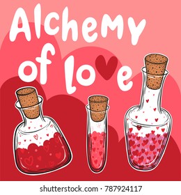 Hand drawn vector valentine greeting card with flasks and bottles of love elixir