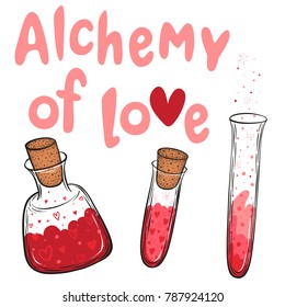 Hand drawn vector valentine greeting card with flasks and bottles of love elixir