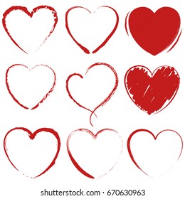 Hand drawn vector valentine hearts with brush painting. Decorative design elements.