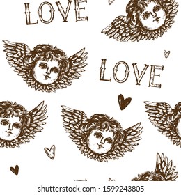 Hand drawn vector Valentine's day seamless pattern in vintage style with cherubs, words "love" and hearts. Repeated pattern for textile, wrapping paper and cards