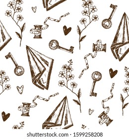 Hand drawn vector Valentine's day seamless pattern in vintage style with key, handkerchief, laces and forget-me-not.Repeated vintage pattern in sketched style for textile, wrapping paper.