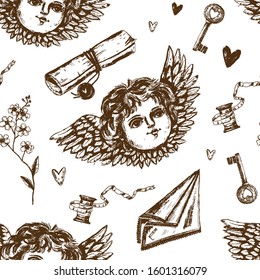 Hand drawn vector Valentine's day seamless pattern in vintage style with cherub, key, handkerchief, laces and forget-me-not. Repeated vintage pattern in sketched style for textile, wrapping paper.