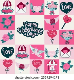 Hand drawn vector Valentine's Day seamless pattern. Pink hearts, roses, cupids, floral ornaments.