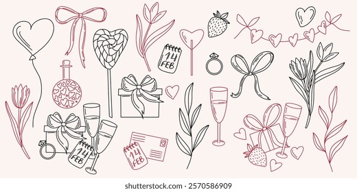 Hand drawn vector Valentines Day elements in outline style. Hearts, flowers, gift box, calendar, ring, glass, and ribbon in black and red colors. Illustration for cards, prints, templates, posters