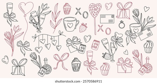 Hand drawn vector Valentines Day outline elements. hearts, flowers, gift boxes, ribbon, calendar, cupcakes, strawberries, cups, champagne and letters in black and red colors. Perfect for cards, prints