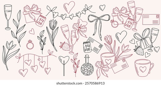 Hand drawn vector Valentines Day elements in outline style. hearts, flowers, gift boxes, ribbon, calendar, cups, strawberries, champagne and letters in black and red colors. Perfect for cards