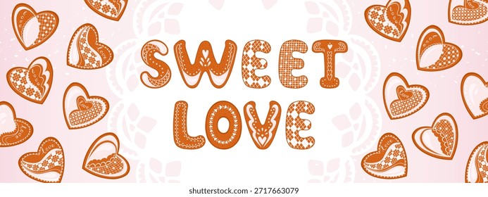 Anuncio de San Valentín de Vector dibujado a mano con galletas dulces de corazón de jengibre y letras de glaseado. Diseño festivo romántico en colores pastel cálidos para tarjetas de felicitación, carteles y marketing navideño