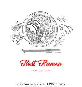 Hand Drawn Vector Vegetable Noodles Ramen Soup Sketch, Made Of Mushroom, Tomato, Lime And Sesame. Vegetarian Asian Food, Simple Line Drawing Menu Decoration.