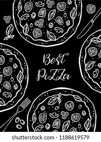Hand drawn vector vegetable pizza sketch, made of tomato, basil, mushrooms and olives. Vegetarian food,  pizza line drawing. Black and white.