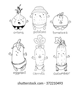 hand drawn vector vegetables set/baby vegetebles/carrots, potatoes, tomatoes, onions, eggplant, cucumber