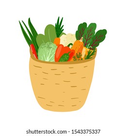 Hand drawn vector vegetables in straw basket isolated on white background. Flat cartoon illustration. Fresh farm product. Healthy vegan food. Farm products. Autumn harvest.