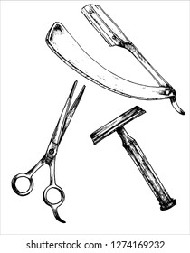 Hand drawn vector vintage barbershop illustration set. Including two different razors and scissors. Perfect for banner, poster, tattoo, web etc