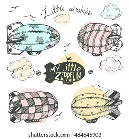 Hand drawn vector vintage collection of cute little airchips with strips, stars, dots and squares in the sky. Zeppelin, birds and clouds.