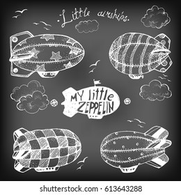 Hand drawn vector vintage collection of cute little airchips with strips, stars, dots and squares in the sky. Zeppelin, birds and clouds. Chalkboard, black