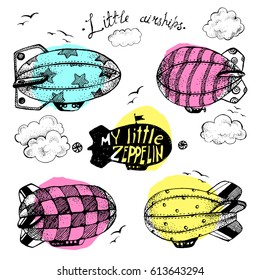 Hand drawn vector vintage collection of cute little airchips with strips, stars, dots and squares in the sky. Zeppelin, birds and clouds. Bright modern colors