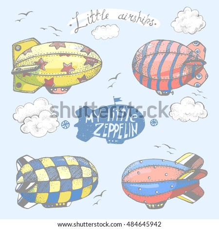 Hand drawn vector vintage collection of cute little airchips with strips, stars, dots and squares in the sky. Zeppelin, birds and clouds.