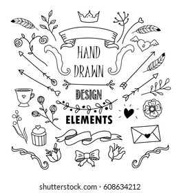 Hand drawn vector vintage design elements. Set of hand illustrated romantic floral elements. 