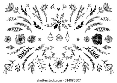 Hand Drawn vector vintage elements ( laurels, frames, leaves, berries, flowers, swirls and feathers). Perfect for invitations, greeting cards, quotes, blogs, Wedding Frames, posters and more.