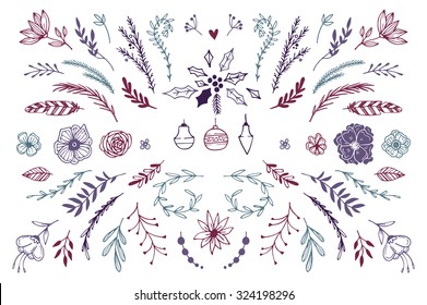 Hand Drawn vector vintage elements ( laurels, frames, leaves, berries, flowers, swirls and feathers). Perfect for invitations, greeting cards, quotes, blogs, Wedding Frames, posters and more.