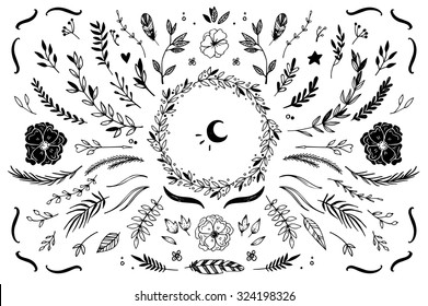 Hand Drawn vector vintage elements ( laurels, frames, leaves, berries, flowers, swirls and feathers). Perfect for invitations, greeting cards, quotes, blogs, Wedding Frames, posters and more.