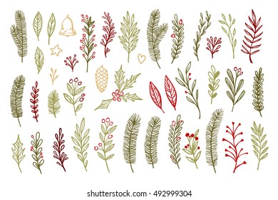 Hand drawn vector vintage elements ( laurel, leaf, poinsettia, holly, berry, pine cone). Christmas branches. Perfect for invitations, greeting cards, posters, prints