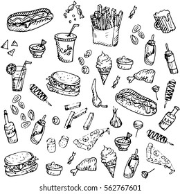 Hand drawn vector vintage fast food seamless pattern. monochrome junk food illustration with pizza, french fries, cola, sausage and hot dog. Great for menu, poster, restaurant background and branding.