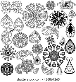 Hand drawn vector vintage floral doodle swirls. Henna tattoo doodle vector elements on white background