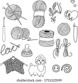 Hand drawn vector vintage illustration - Set of knitting and crafts. Big needlework set. Yarn, pins, buttons, threads. line  doodles