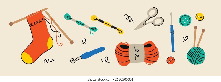 Hand drawn vector vintage illustration - Set of knitting and crafts. Yarn, pins, buttons, thread, needle bar