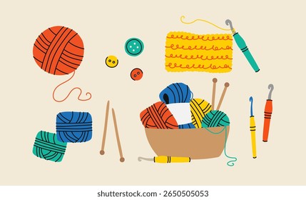 Hand drawn vector vintage illustration - Set of knitting and crafts. Yarn, pins, buttons, thread, needle bar