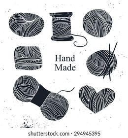 Handgezeichnete Vektor-Vintage-Illustration - Strickset. Garne und Nadeln