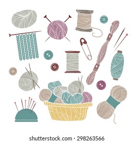 Hand drawn vector vintage illustration - Set of knitting and crafts. Yarn, pins, buttons, thread, needle bar and needles