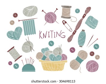 Hand drawn vector vintage illustration - Set of knitting and crafts. Yarn, pins, buttons, thread, needle bar 