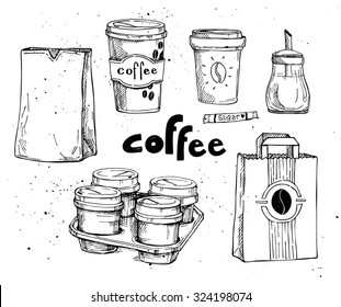 Hand drawn vector vintage illustration - coffee set. Coffee to go