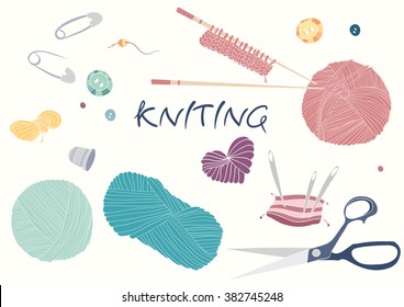 Hand drawn vector vintage illustration - Set of knitting and crafts. Scissors, Yarn, pins, buttons, thread, needle bar and knitting needles
