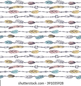 Hand drawn vector vintage illustration - Feathers. Ink and feather. Seamless pattern with nature elements. Abstract background