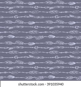 Hand drawn vector vintage illustration - Feathers. Ink and feather. Seamless pattern with nature elements. Abstract background