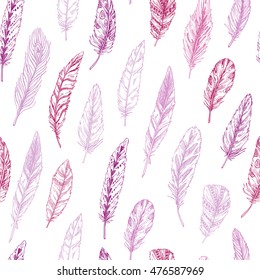 Hand drawn vector vintage illustration - Feathers. Ink and feather. Seamless pattern with nature elements. Abstract background