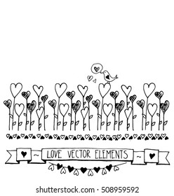 Hand Drawn vector vintage illustration - Doodle sketch hearts elements. Card with the contours of the doodle hearts. Valentine's day greeting cards.