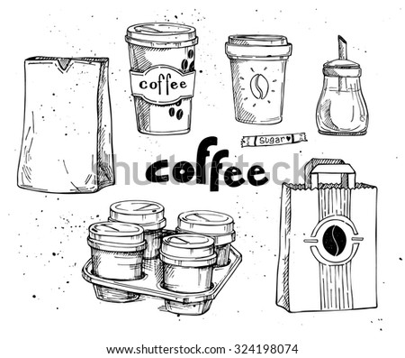 Hand drawn vector vintage illustration - coffee set. Coffee to go