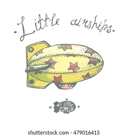 Hand drawn vector vintage little airchip with stars. Little zeppelin for your logo or illustration.