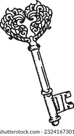 hand drawn vector vintage old key with heart